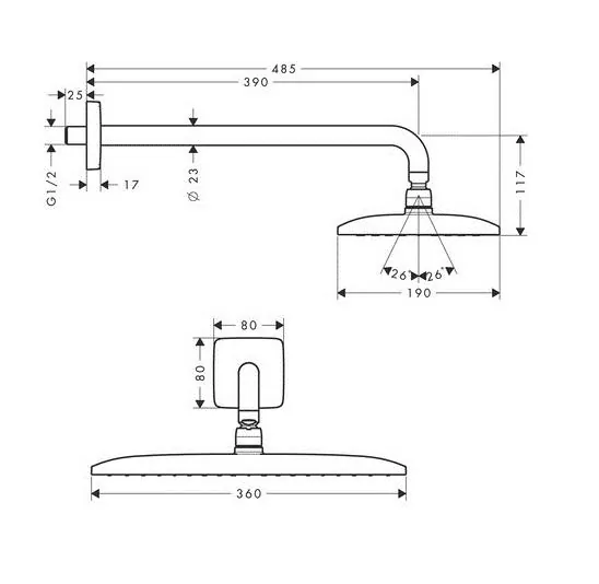 Габаритная схема Верхний душ Hansgrohe Raindance E 27376000