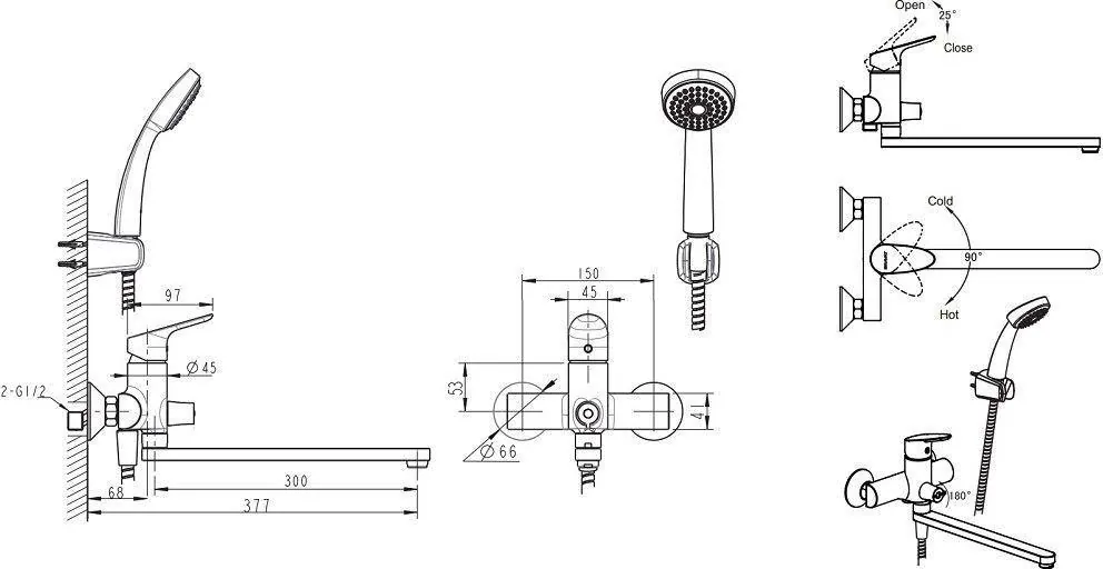 Габаритная схема Душевой комплект Bravat Drop F00409С 2 в 1
