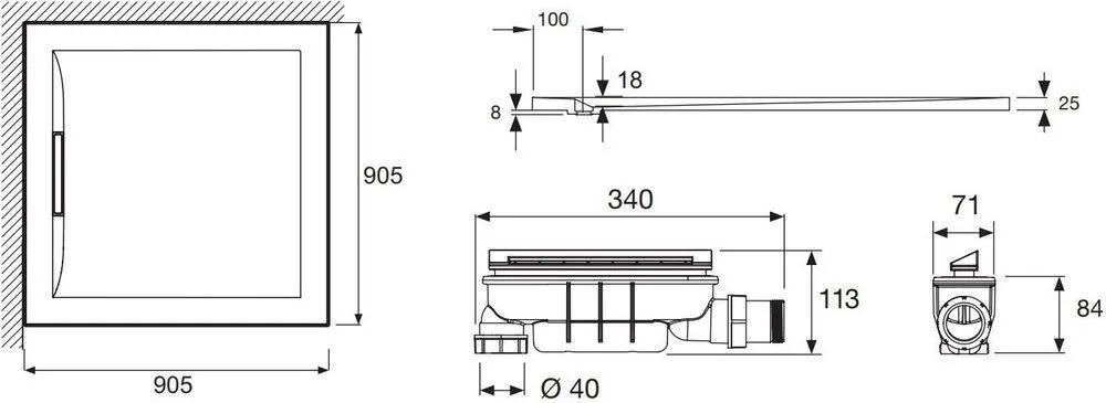 Габаритная схема Поддон для душа Jacob Delafon Flight Pure E62321-00 90х90