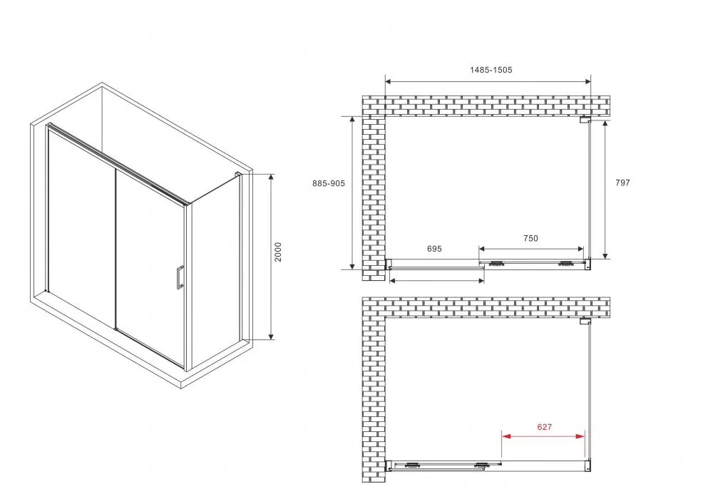 Габаритная схема Душевой уголок Abber Komfort AG93150-S92 150x90