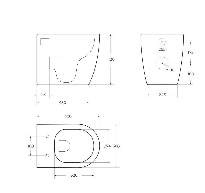 Габаритная схема Унитаз приставной BelBagno Marino BB105CBR/BB870SC