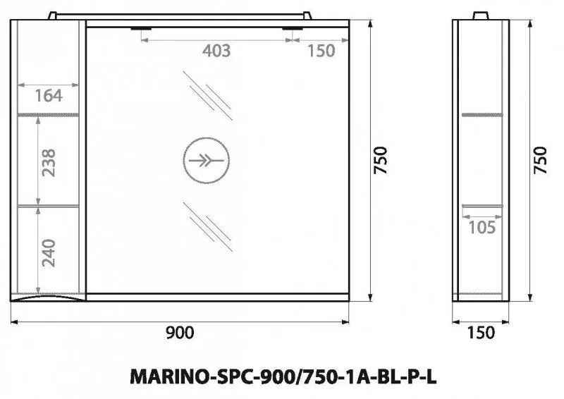 Габаритная схема Зеркало-шкаф BelBagno Marino SPC-900/750-1A-B левый
