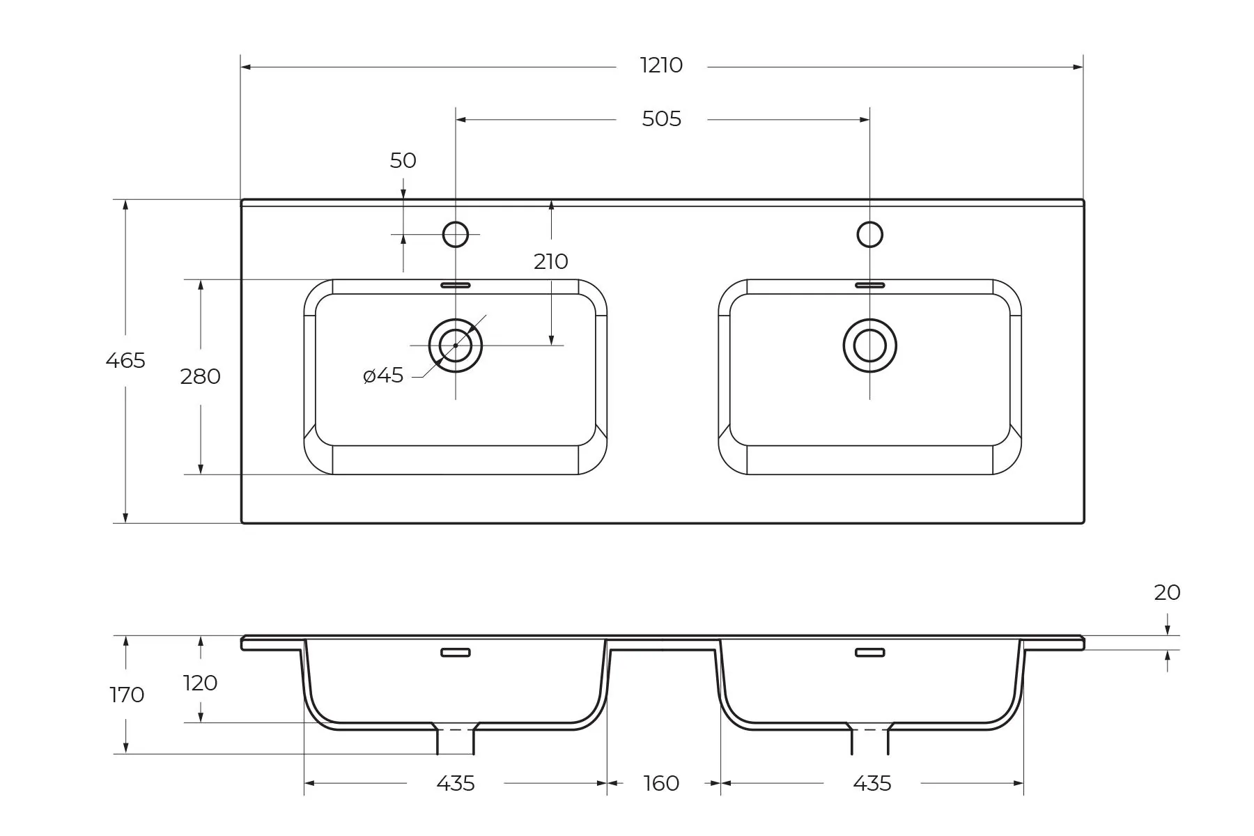 Габаритная схема Мебельная раковина BelBagno BB1200-2-ET 120 см