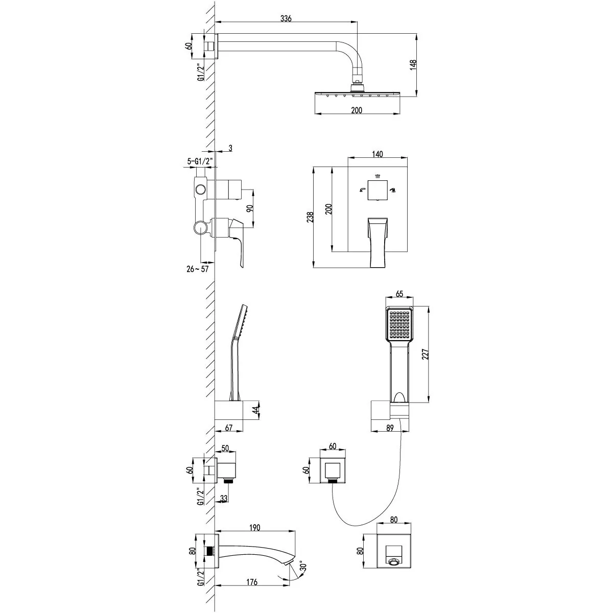 Габаритная схема Душевой комплект Lemark Unit LM4522C