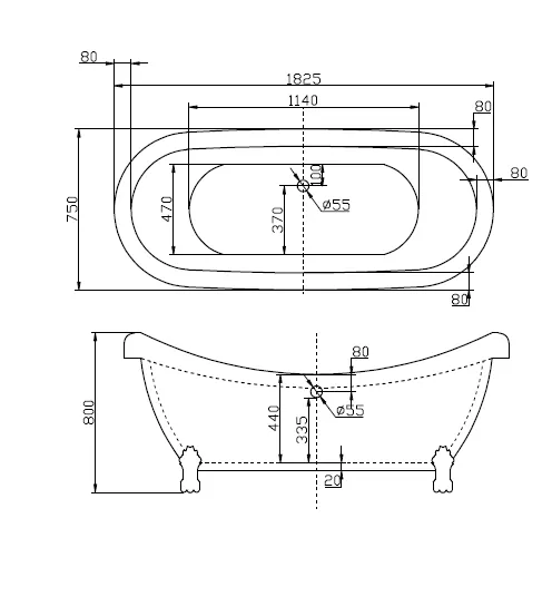 Габаритная схема Акриловая ванна BelBagno BB05 180х75