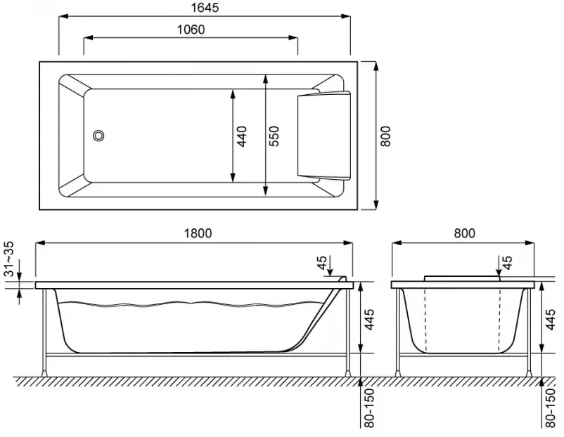 Габаритная схема Акриловая ванна Jacob Delafon Sofa 180x80