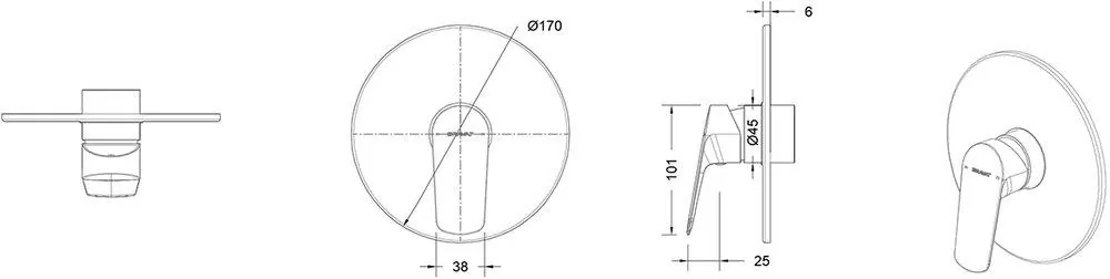 Габаритная схема Смеситель Bravat Rhein PB8429564BW-ENG для душа