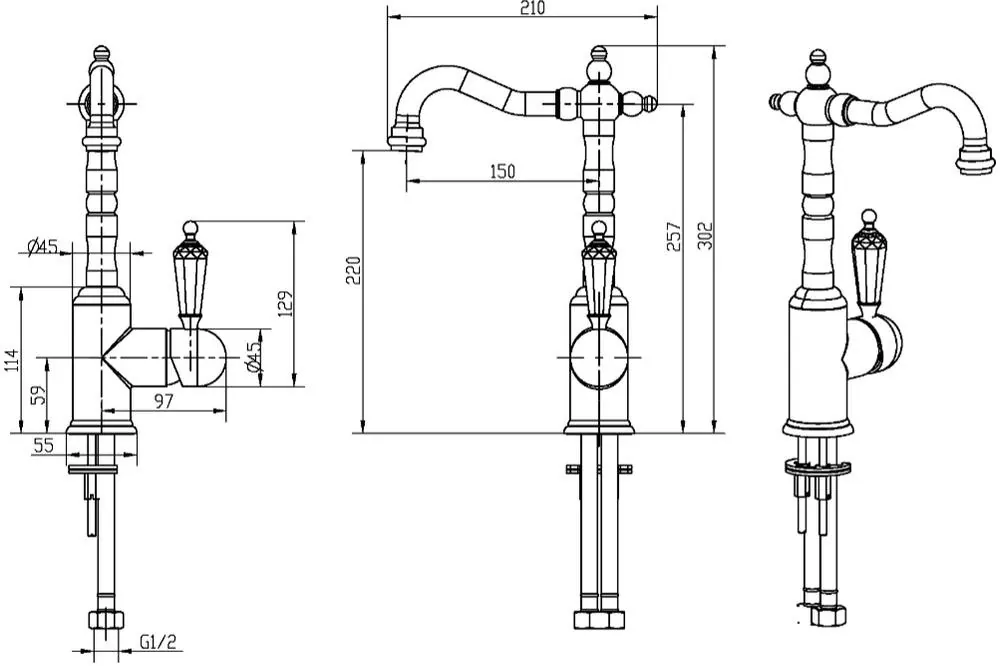 Габаритная схема Смеситель Boheme Imperiale Ripresa 322 для раковины