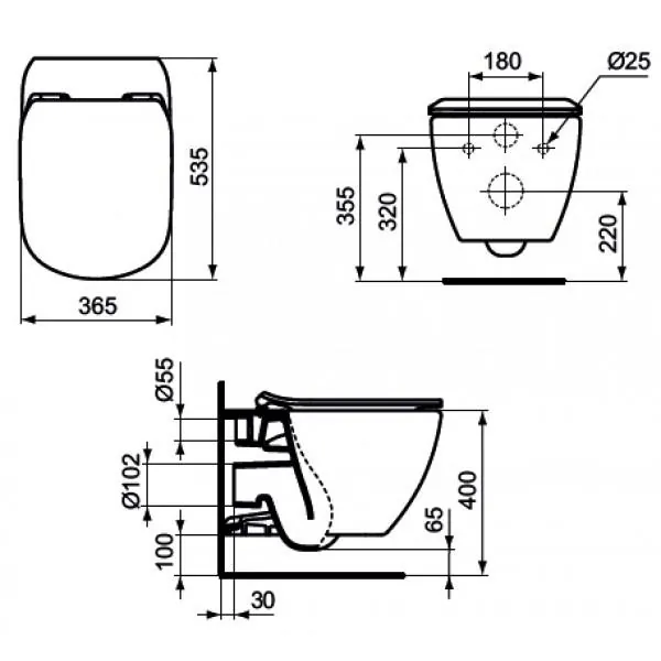 Габаритная схема Комплект Ideal Standard Tesi P386801 (подвесной унитаз + инсталляция + кнопка + сиденье)