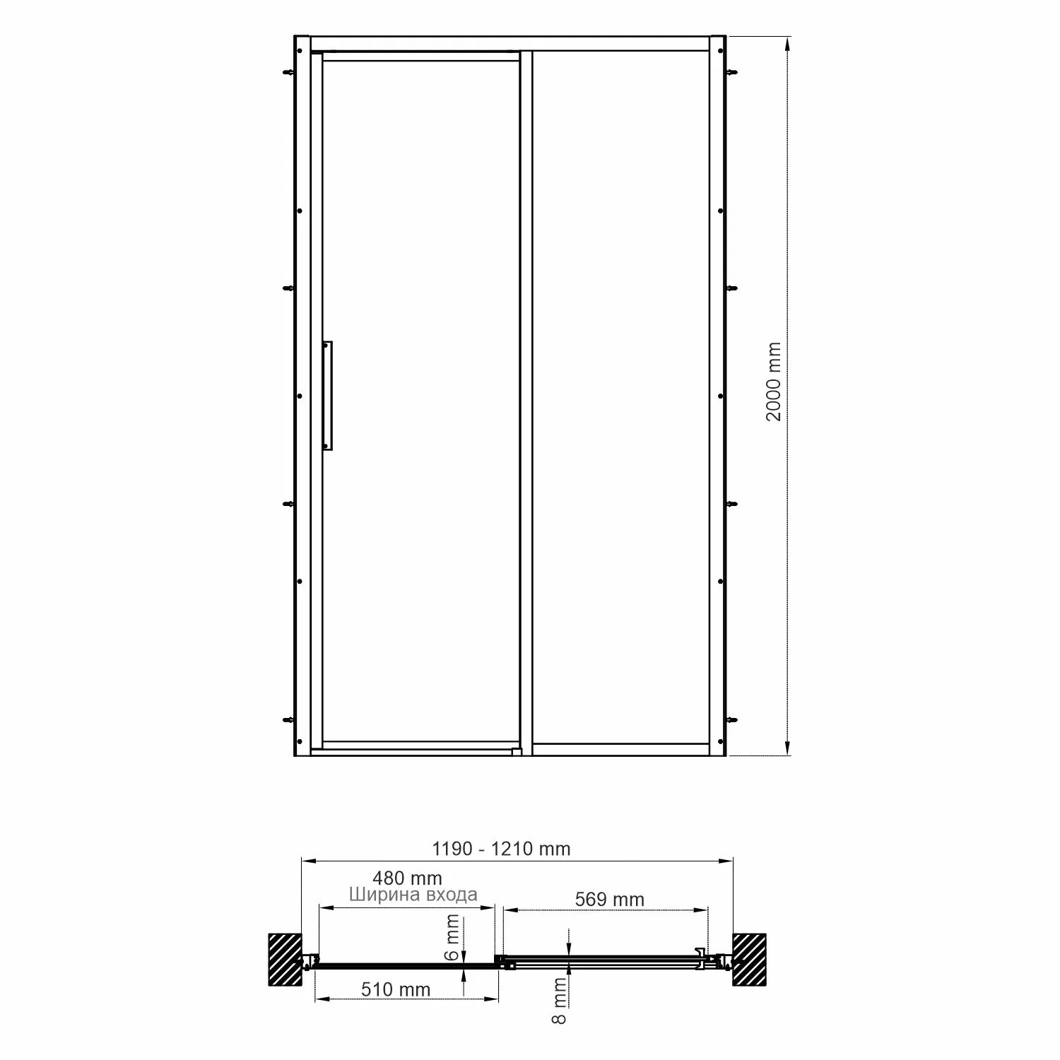 Габаритная схема Душевая дверь в нишу Wasserkraft Lopau 32S05L 120 см