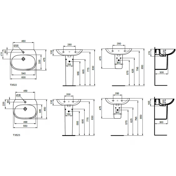 Габаритная схема Раковина Ideal Standard Tesi T352301 55 см