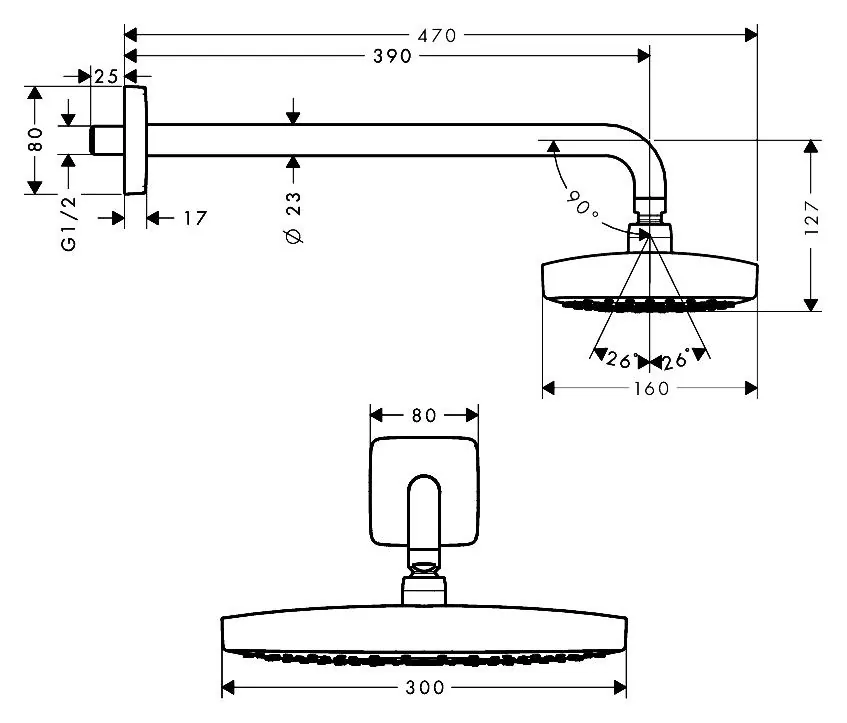 Габаритная схема Верхний душ Hansgrohe Raindance Select E 27385400