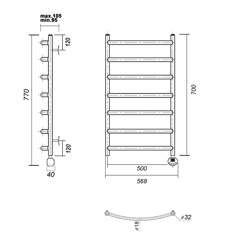 Габаритная схема Полотенцесушитель электрический Domoterm Калипсо 50x70 R белый