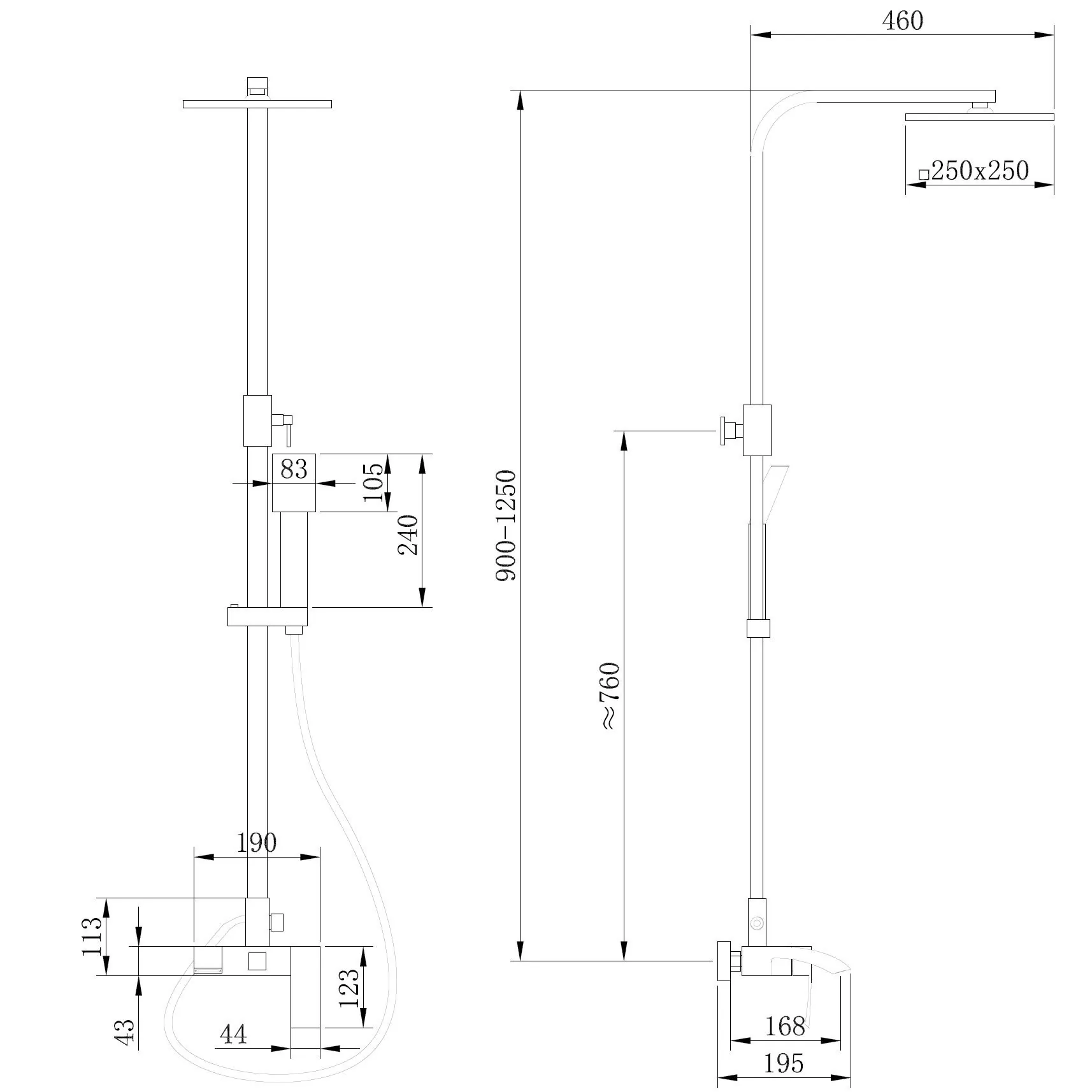 Габаритная схема Душевая стойка Abber Wasserfall AF8616B