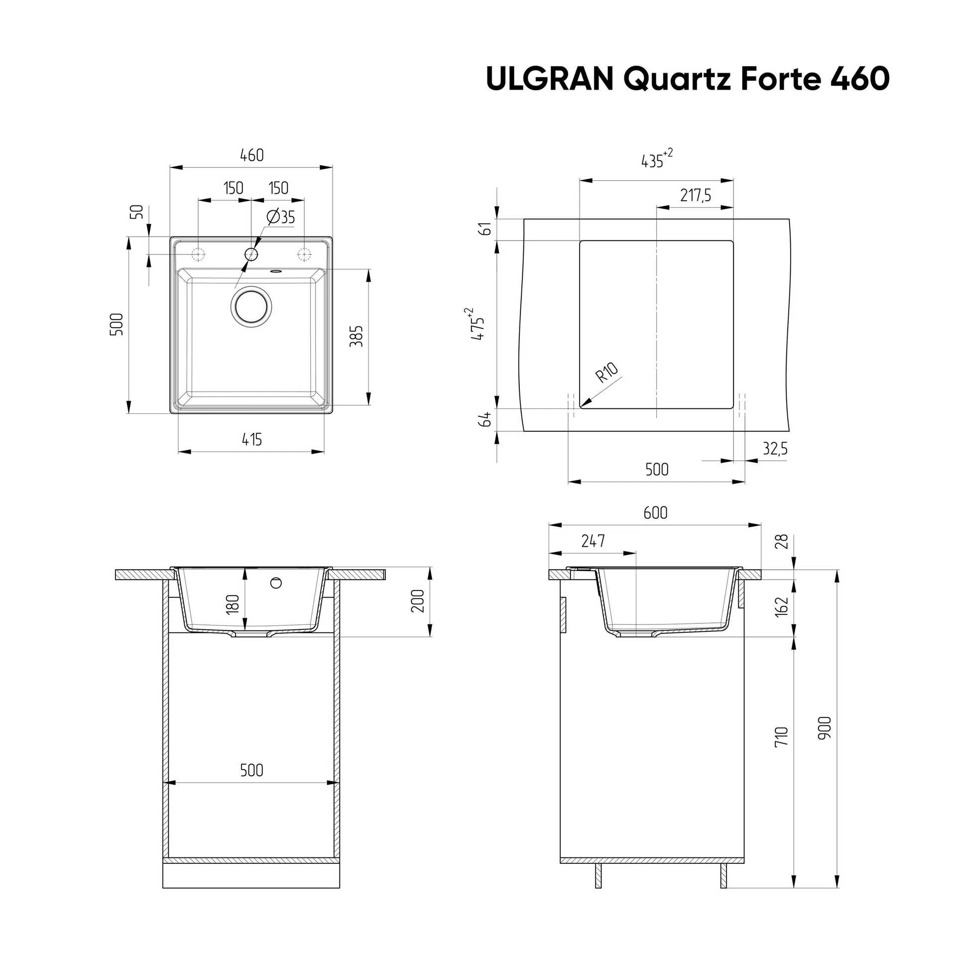 Габаритная схема Мойка кухонная Ulgran Quartz Forte 460-07 уголь