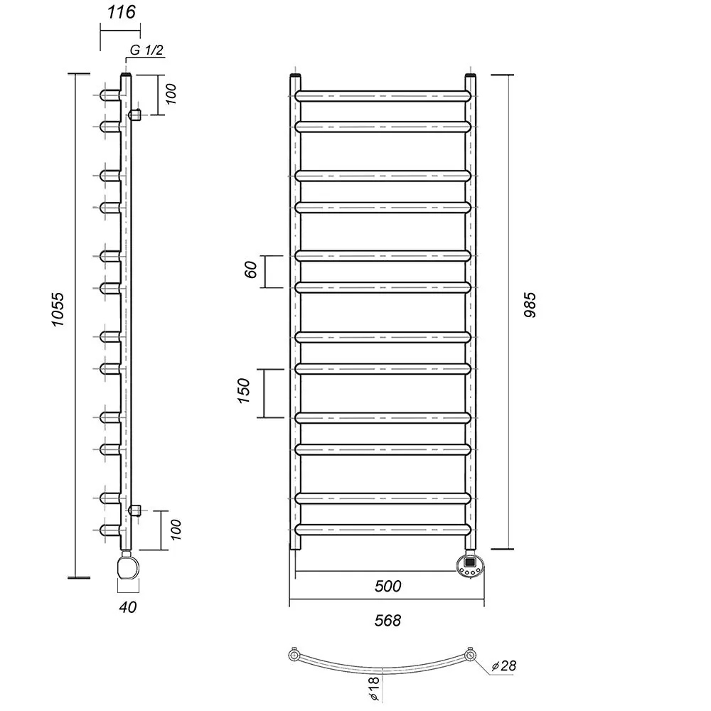 Габаритная схема Полотенцесушитель электрический Domoterm Калипсо П12 50x100 R