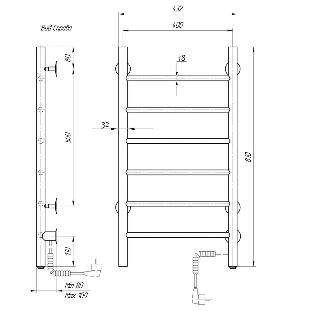 Габаритная схема Полотенцесушитель электрический Domoterm Классик 40x80 R