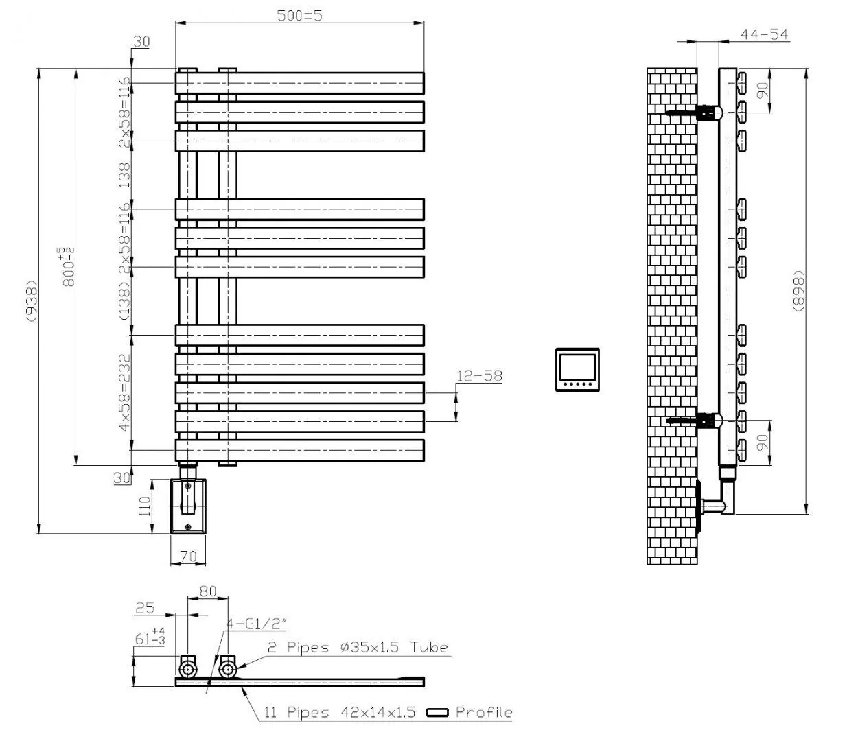 Габаритная схема Полотенцесушитель электрический Boheme Venturo 50x90 белый