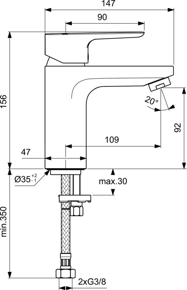 Габаритная схема Смеситель Ideal Standard Ceraplan III BC567AA для раковины