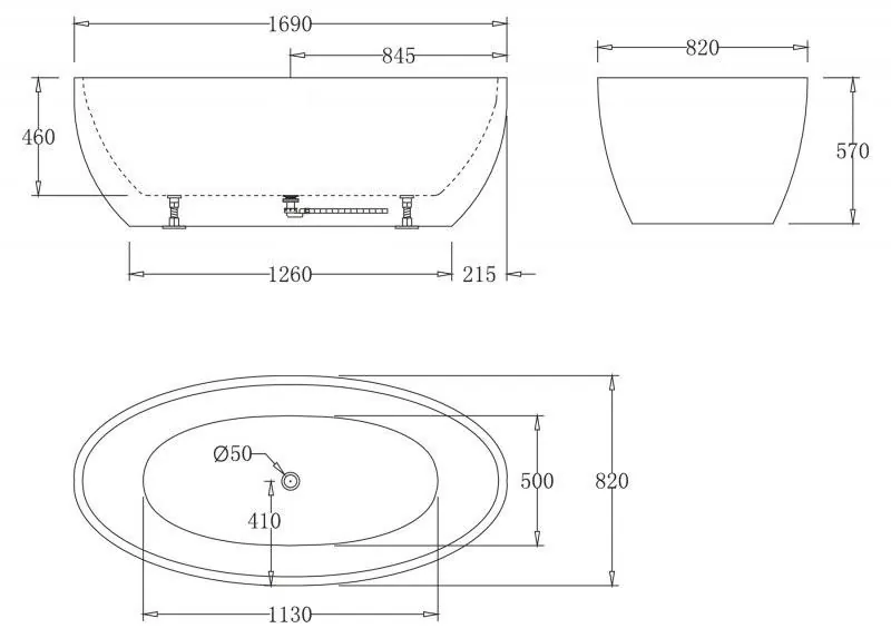 Габаритная схема Акриловая ванна BelBagno BB69-1700-W0 170х82