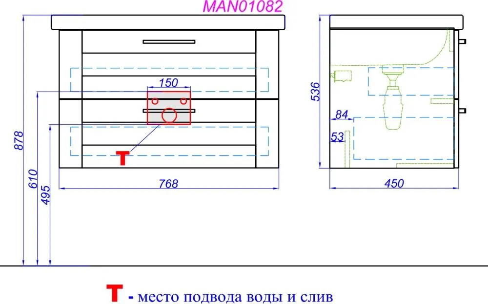 Габаритная схема Тумба с раковиной Aqwella Manchester 80