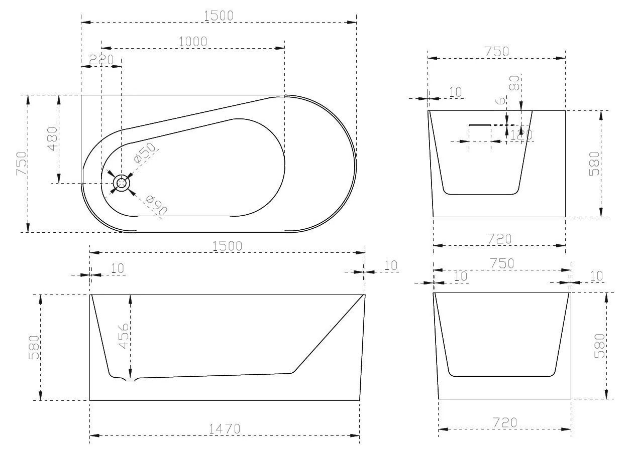 Габаритная схема Акриловая ванна Abber AB9496-1.5 L 150x75 L