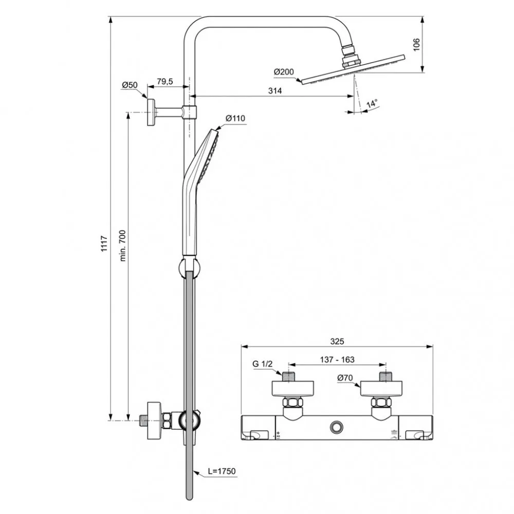 Габаритная схема Душевая стойка Ideal Standard Ceratherm T50 A7225AA