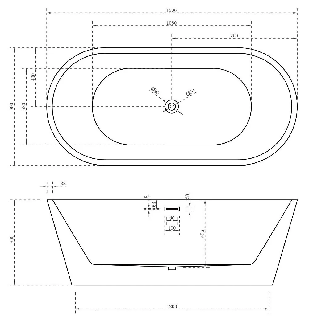 Габаритная схема Акриловая ванна Abber AB9203-1.5 150х80