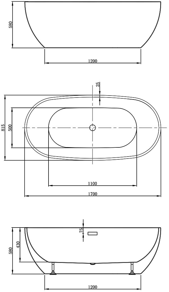 Габаритная схема Акриловая ванна Vincea VBT-408-1700 170x815