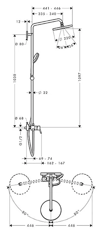 Габаритная схема Душевая стойка Hansgrohe Croma 27222000