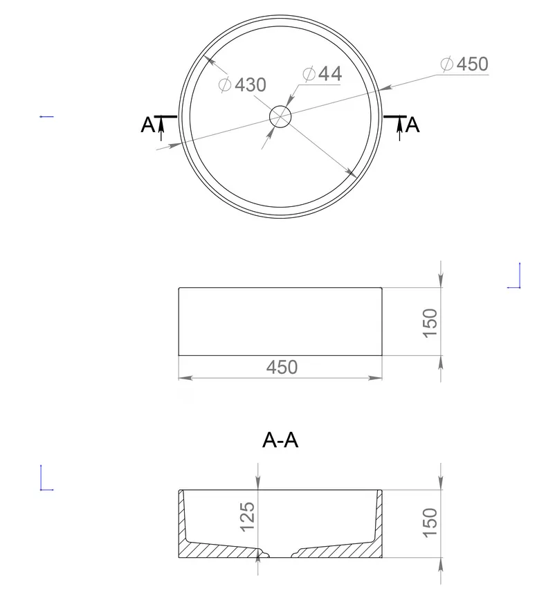 Габаритная схема Раковина Salini Armonia 130112G 45 см