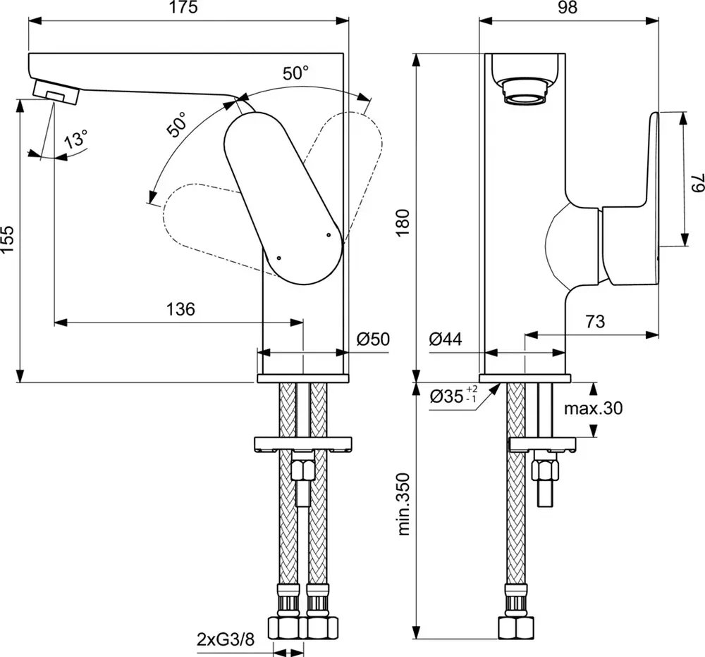 Габаритная схема Смеситель Ideal Standard Cerafine O BC555AA для раковины