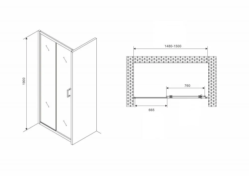 Габаритная схема Душевая дверь Abber Schwarzer Diamant AG30150B5 150 см