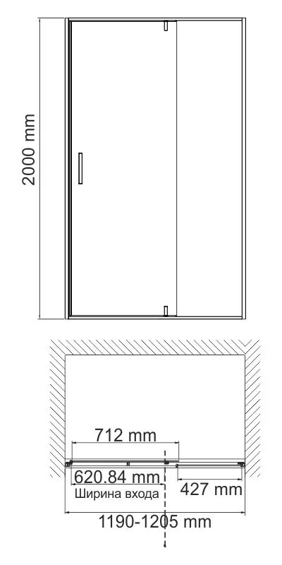 Габаритная схема Душевая дверь в нишу Wasserkraft Aisch 55P05 120 см