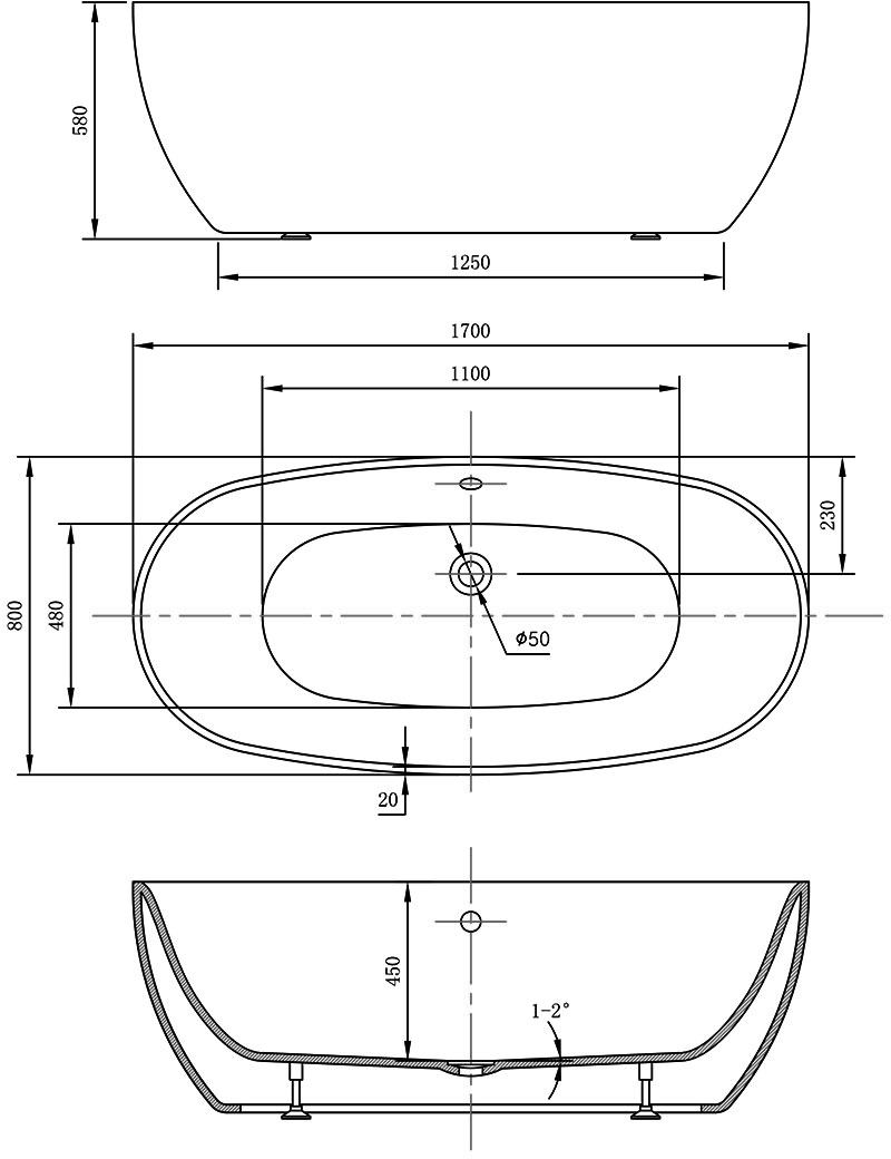 Габаритная схема Акриловая ванна Vincea VBT-405-1700MW 170x80