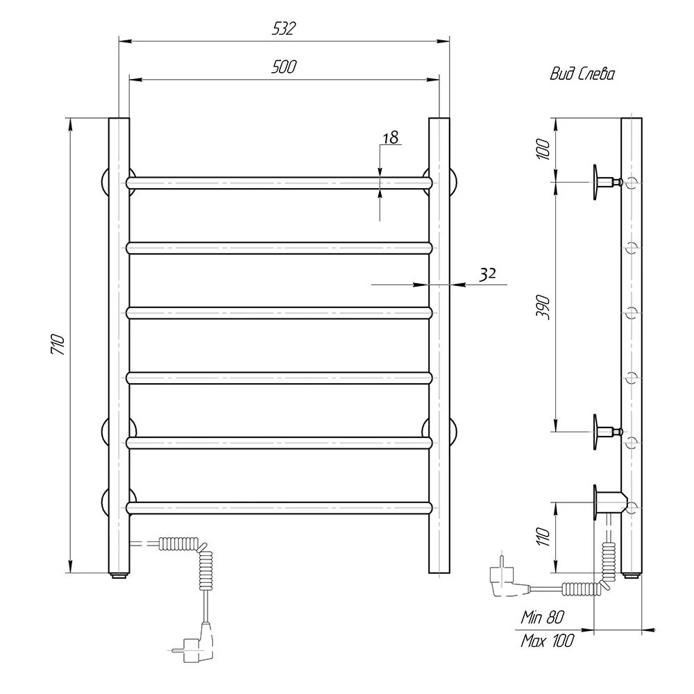 Габаритная схема Полотенцесушитель электрический Domoterm Аврора П6 50x70 L