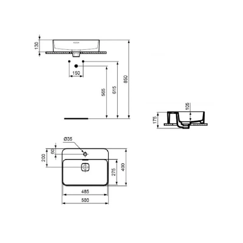 Габаритная схема Раковина Ideal Standard Strada II T296601 50 см