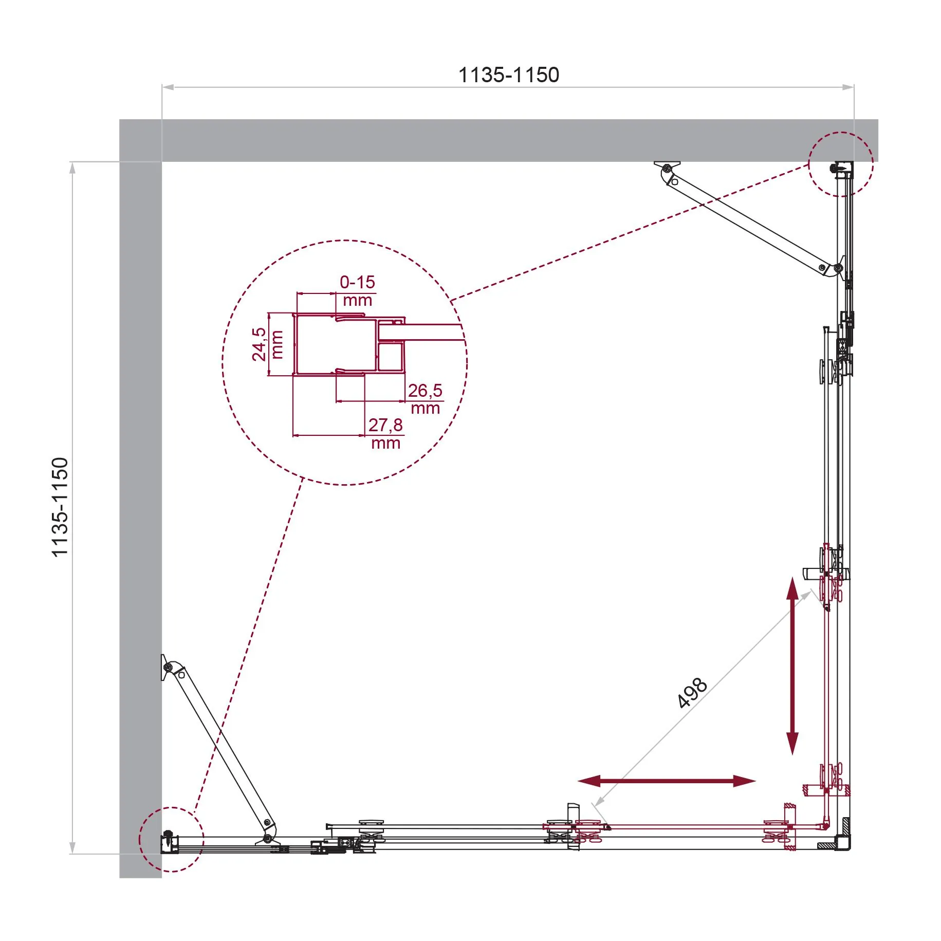 Габаритная схема Душевой уголок BelBagno Luce A-22-90+25-C-Cr