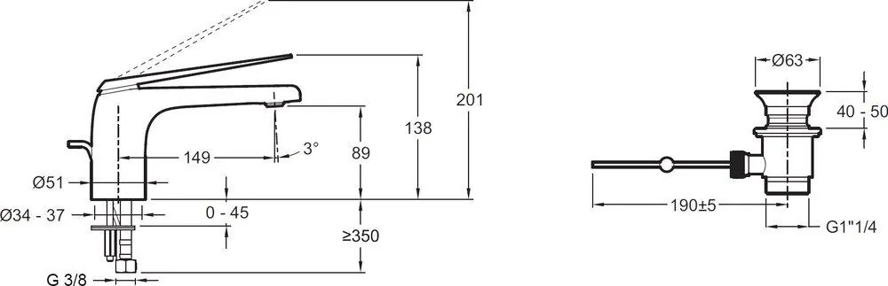Габаритная схема Смеситель Jacob Delafon Avid E97345-CP для раковины