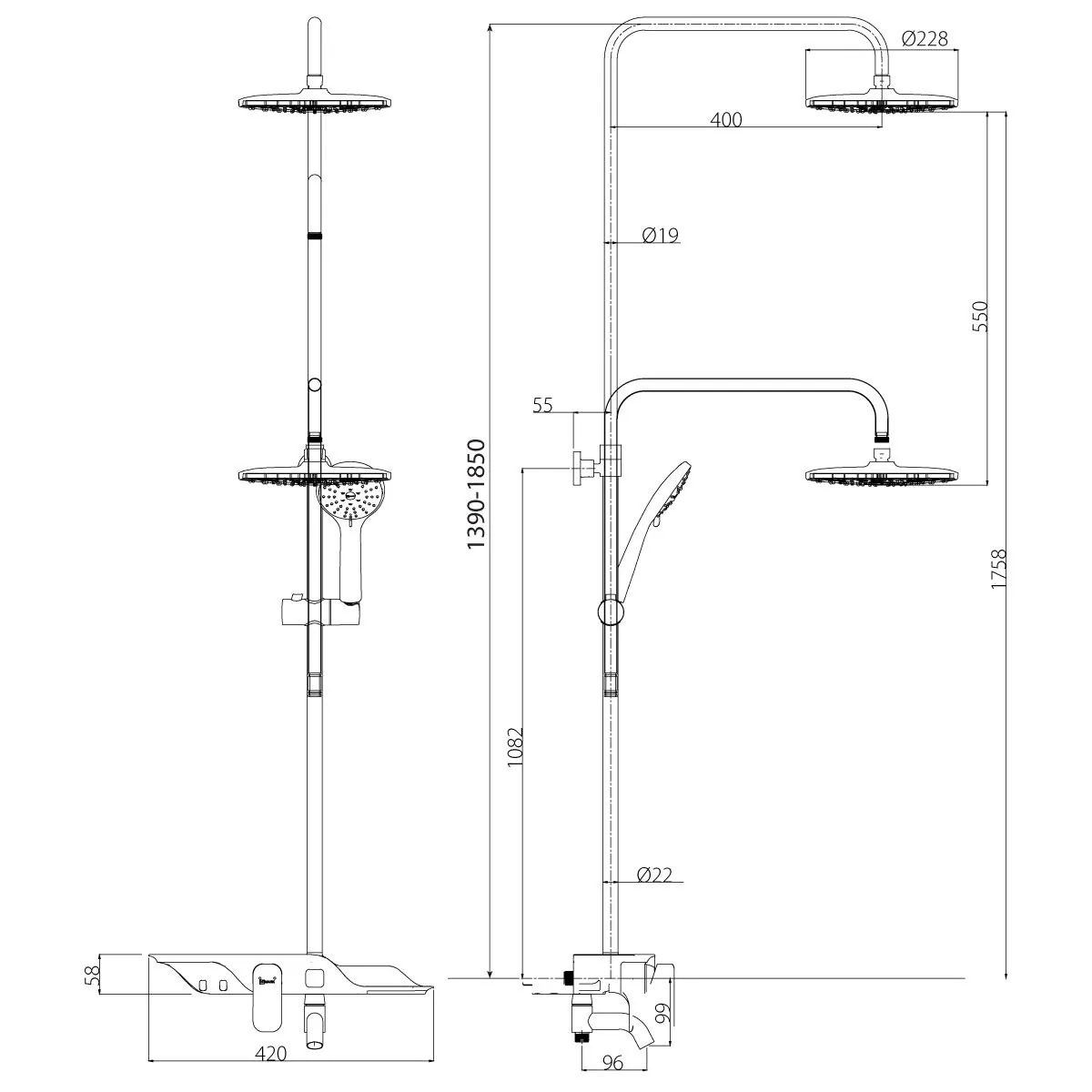 Габаритная схема Душевая стойка Lemark Tropic LM7003С