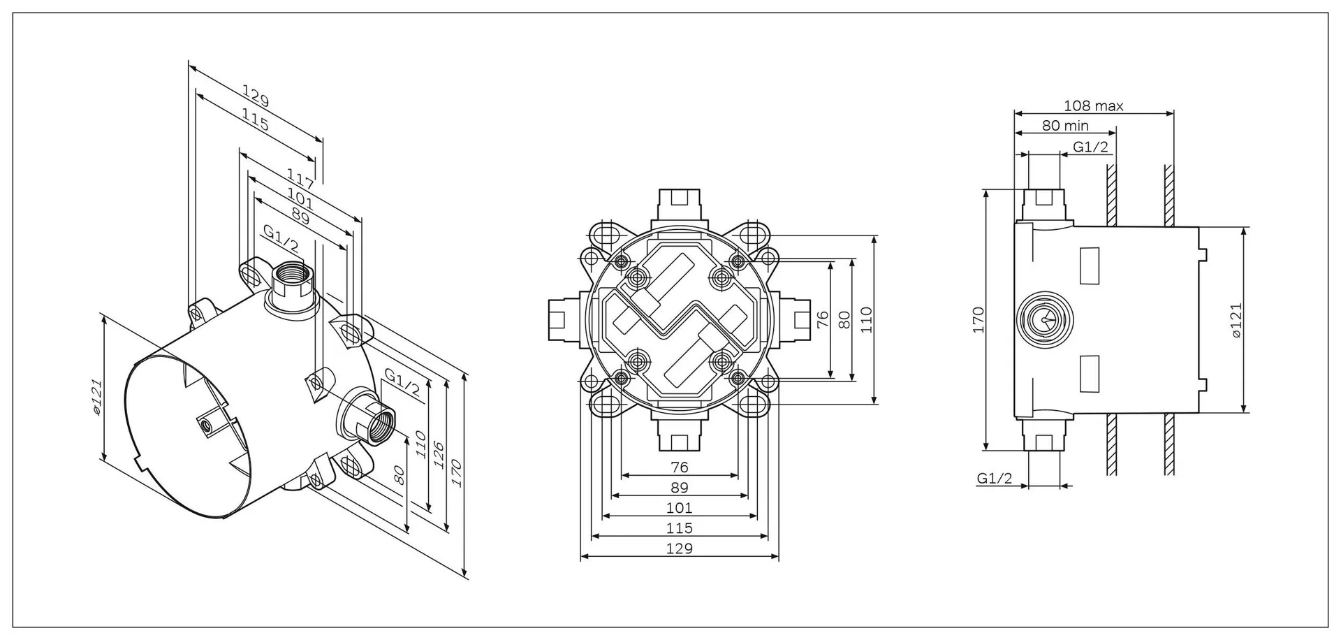 Габаритная схема Монтажня коробка Am.Pm F100100