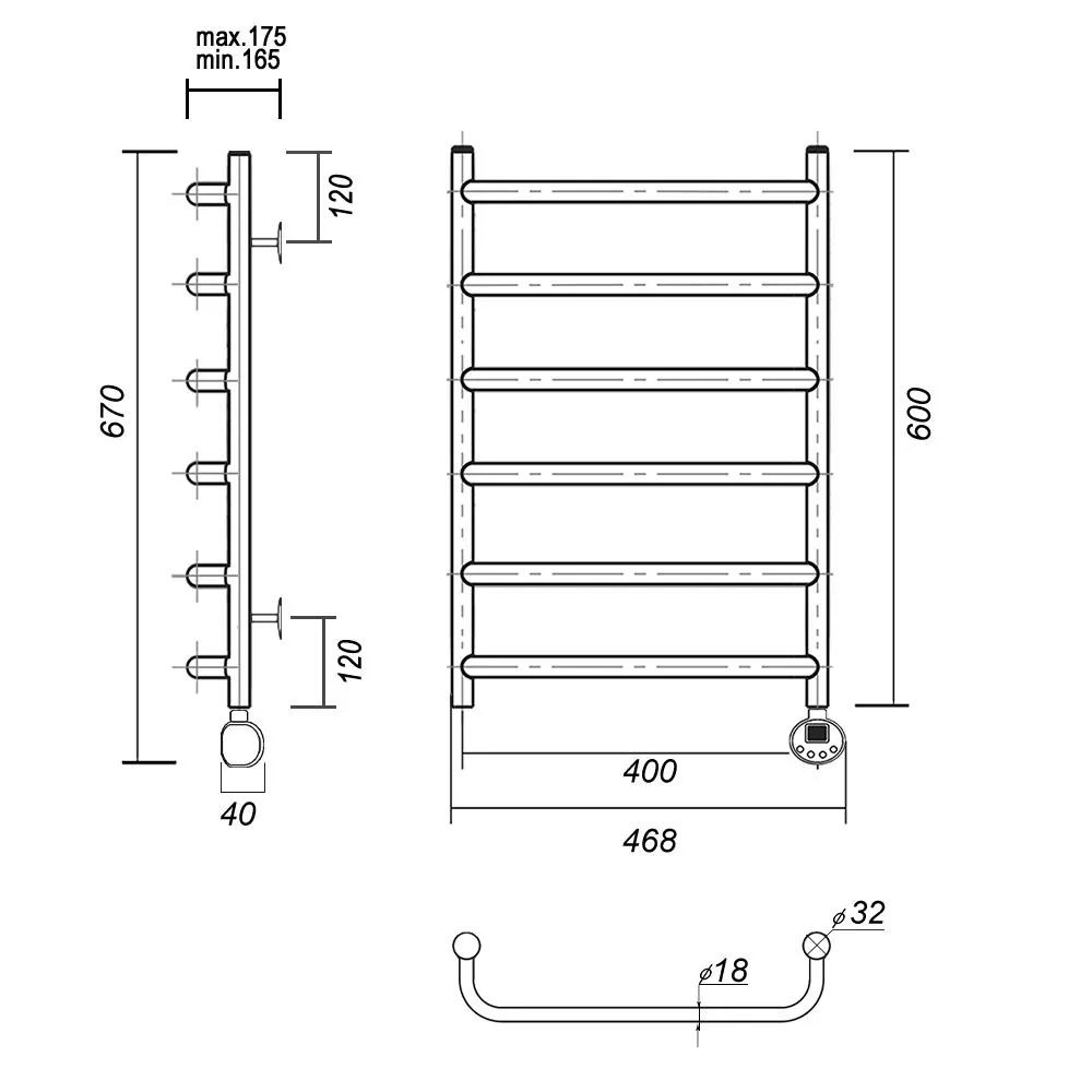 Габаритная схема Полотенцесушитель электрический Domoterm Стефано П6 40x60 R хром