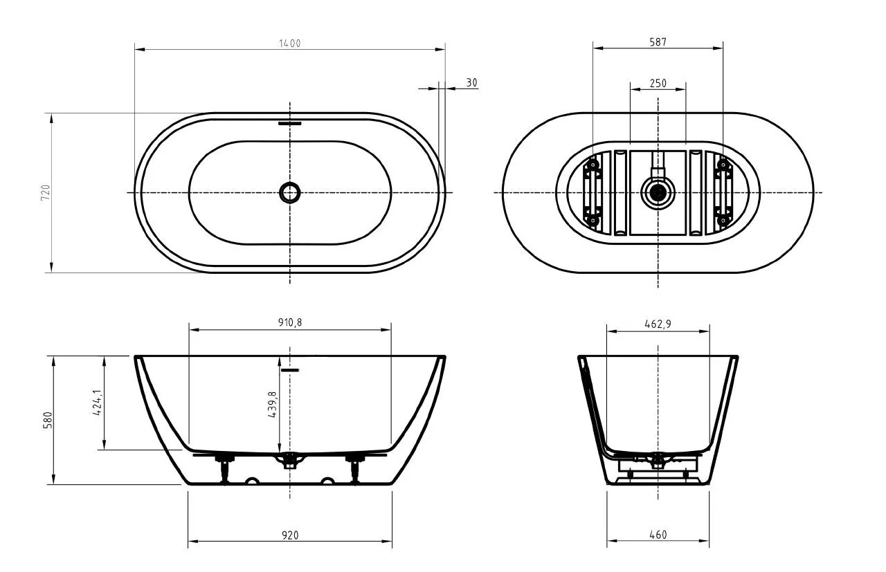 Габаритная схема Акриловая ванна BelBagno Uno BB701-1400-720-K 140x70