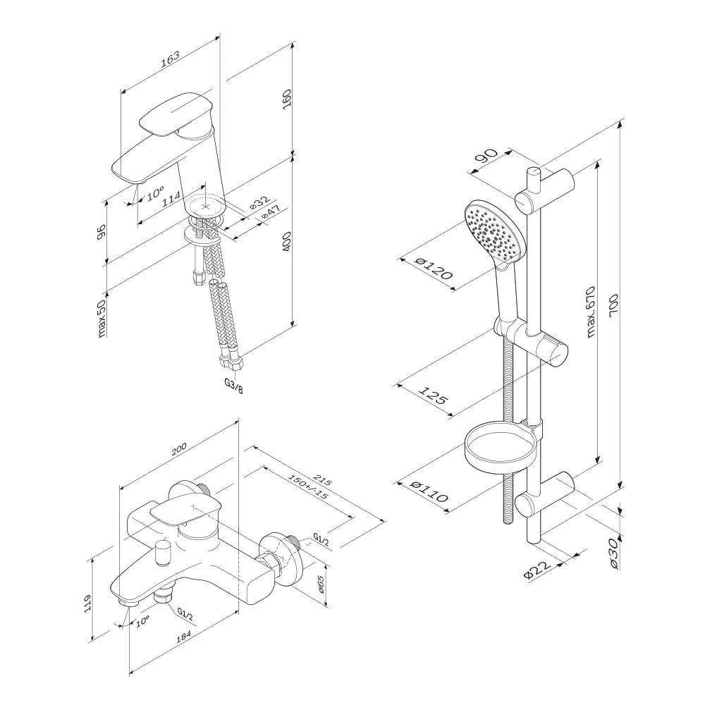 Габаритная схема Душевой комплект AM.PM Spirit V2.1 F40971A00