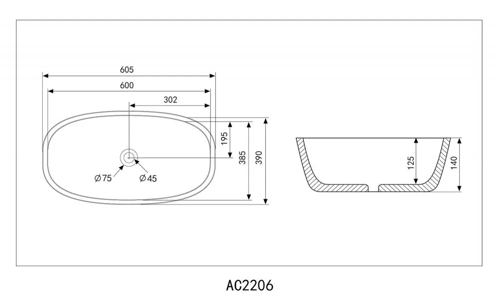 Габаритная схема Раковина Abber Rechteck AC2206 60 см