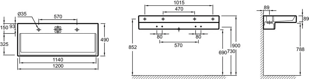 Габаритная схема Раковина Jacob Delafon Terrace EXB9112-00 120 см с подсветкой