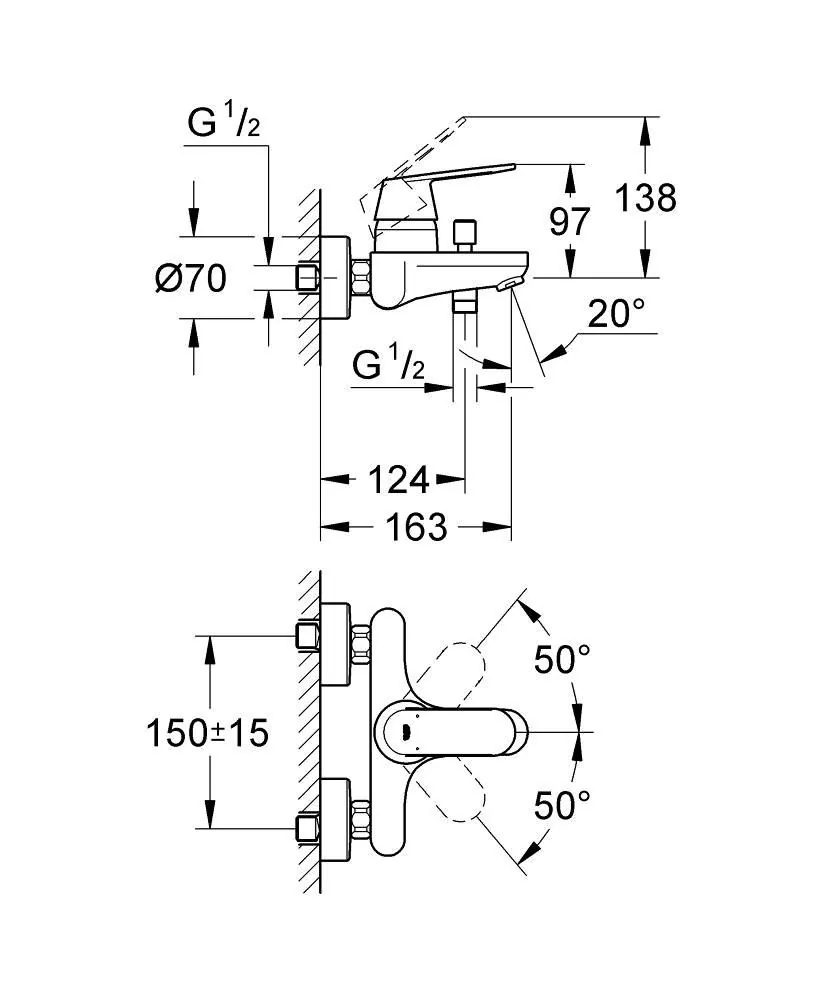 Габаритная схема Смеситель Grohe Eurosmart Cosmopolitan 32831000 для ванны с душем