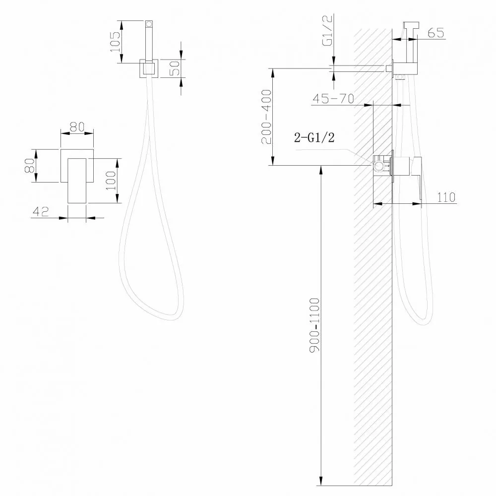 Габаритная схема Гигиенический душ Abber Daheim AF8225NG со смесителем, никель
