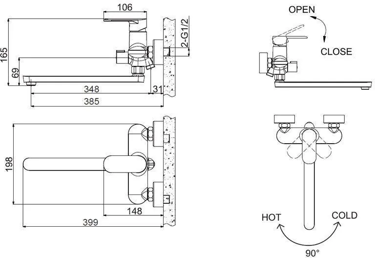 Габаритная схема Смеситель Bravat Opal F6125183CP-02L-RUS для ванны с душем