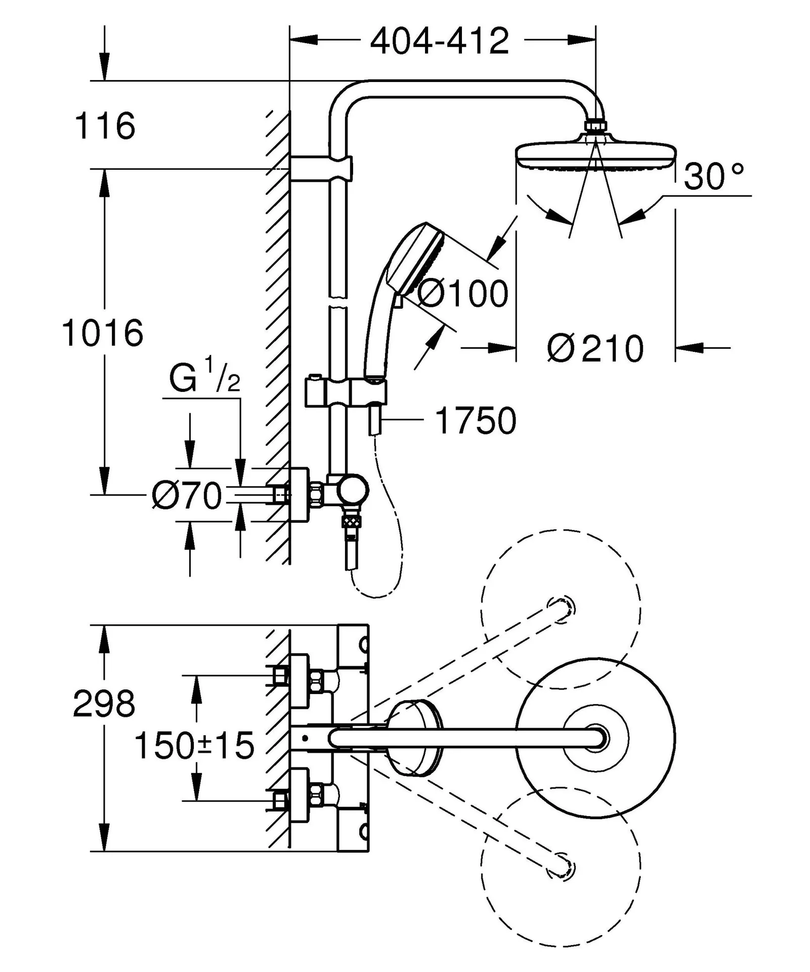Габаритная схема Душевая стойка Grohe Tempesta Cosmopolitan System 27922001